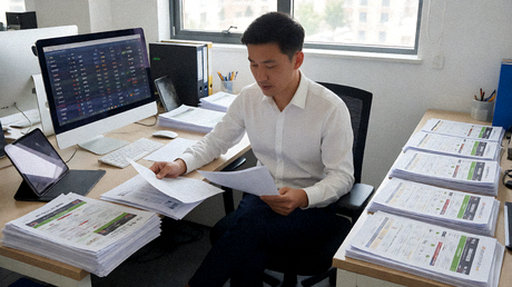 体育新闻编辑整理赛事资料与资讯内容的工作场景